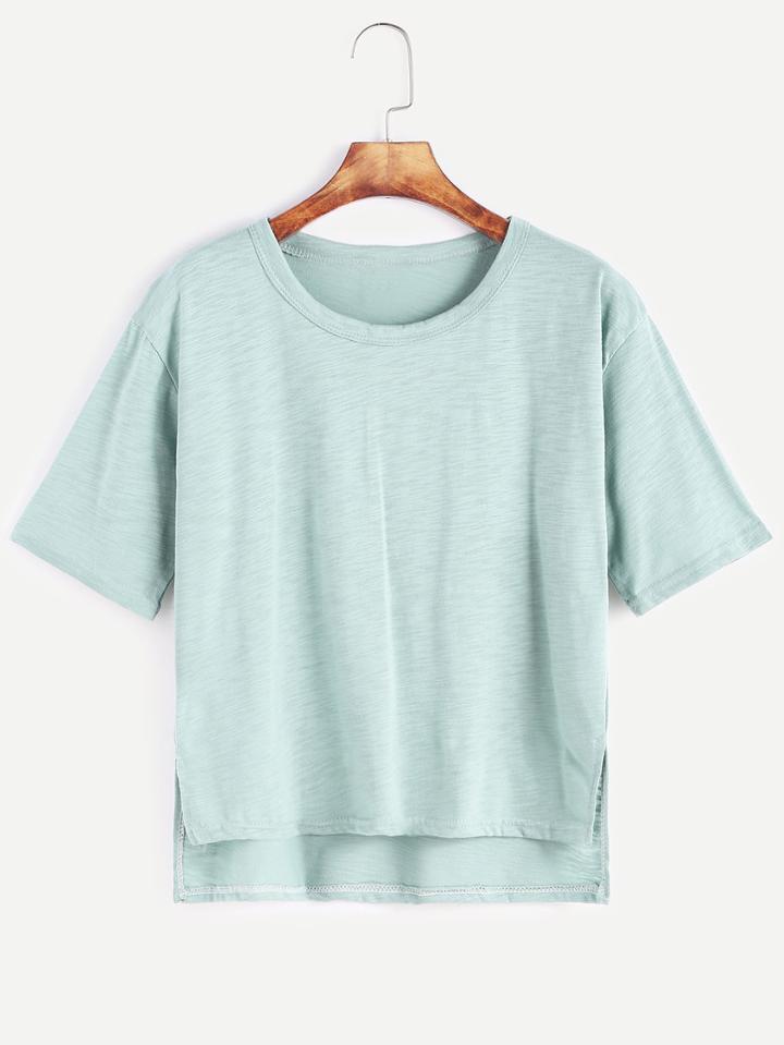 Romwe Pale Green High Low Split Side T-shirt