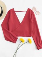 Romwe Deep V Neckline Knot Back Wrap Top