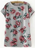 Romwe Grey Short Sleeve Floral Loose T-shirt