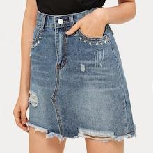 Romwe Button Waist Ripped Raw Hem Denim Skirt