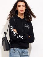 Romwe Black Letter Print Hoodie With Pocket
