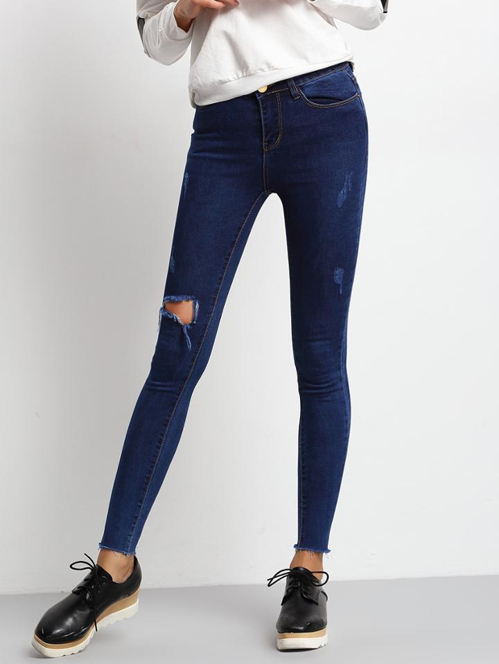 Romwe Ripped Frayed Denim Pant