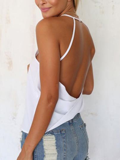 Romwe Halter Neck Backless Draped White Chiffon Top