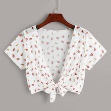 Romwe Ditsy Floral Knot Plunging Neck Mesh Blouse