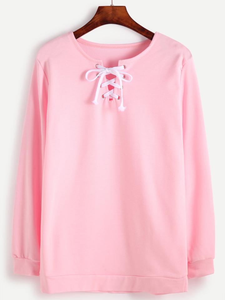 Romwe Pink Lace Up Plain Sweatshirt