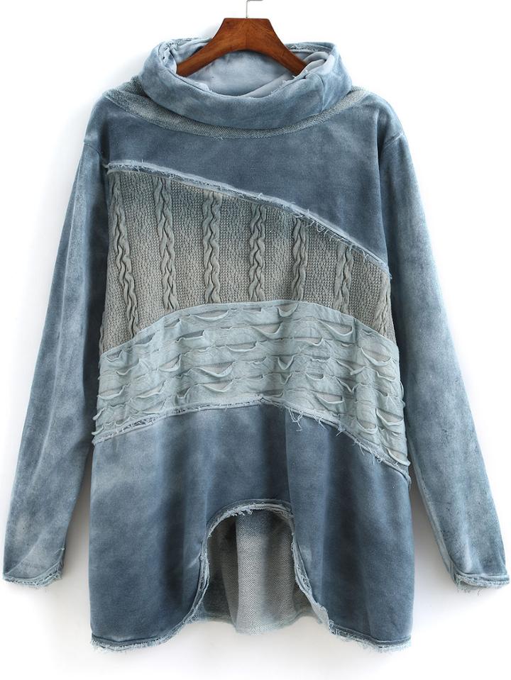 Romwe Blue High Neck Long Sleeve Fringe Sweatshirt