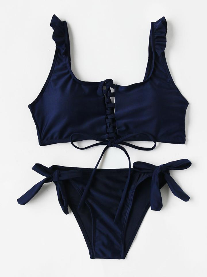 Romwe Ruffle Detail Lace Up Bikini Set