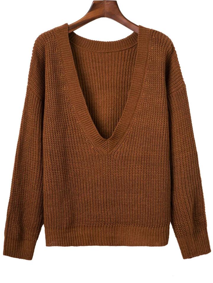 Romwe Brown Ribbed V Neck Drop Shoulder Sweater