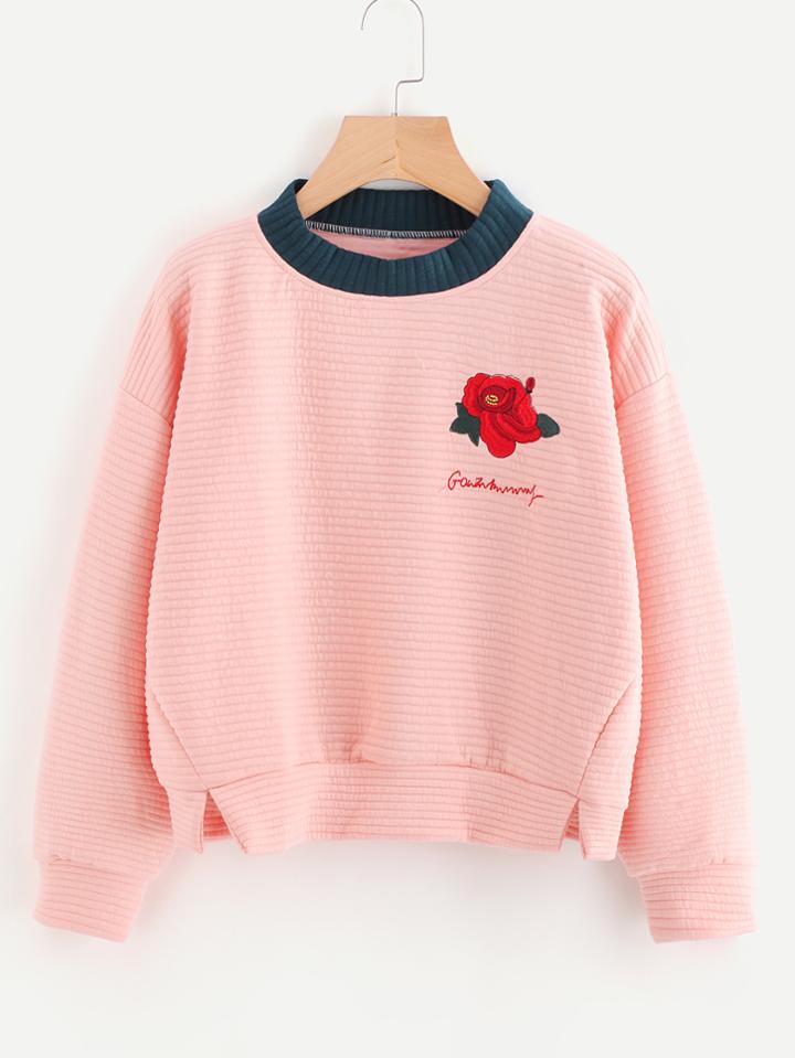 Romwe Rose Embroidered Split Hem Sweatshirt