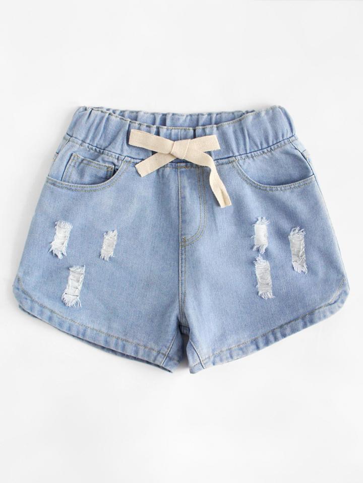 Romwe Drawstring Waist Ripped Denim Shorts