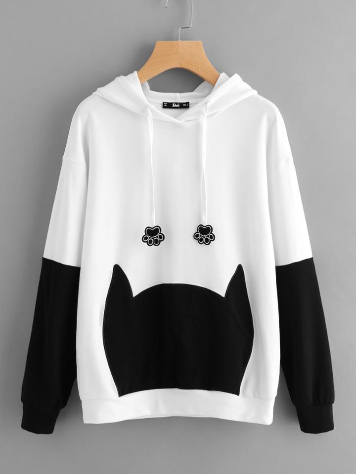 Romwe Bow Back Two Tone Cat Ear Hoodie