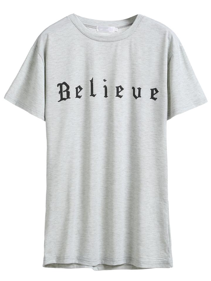 Romwe Grey Letter Print Short Sleeve T-shirt