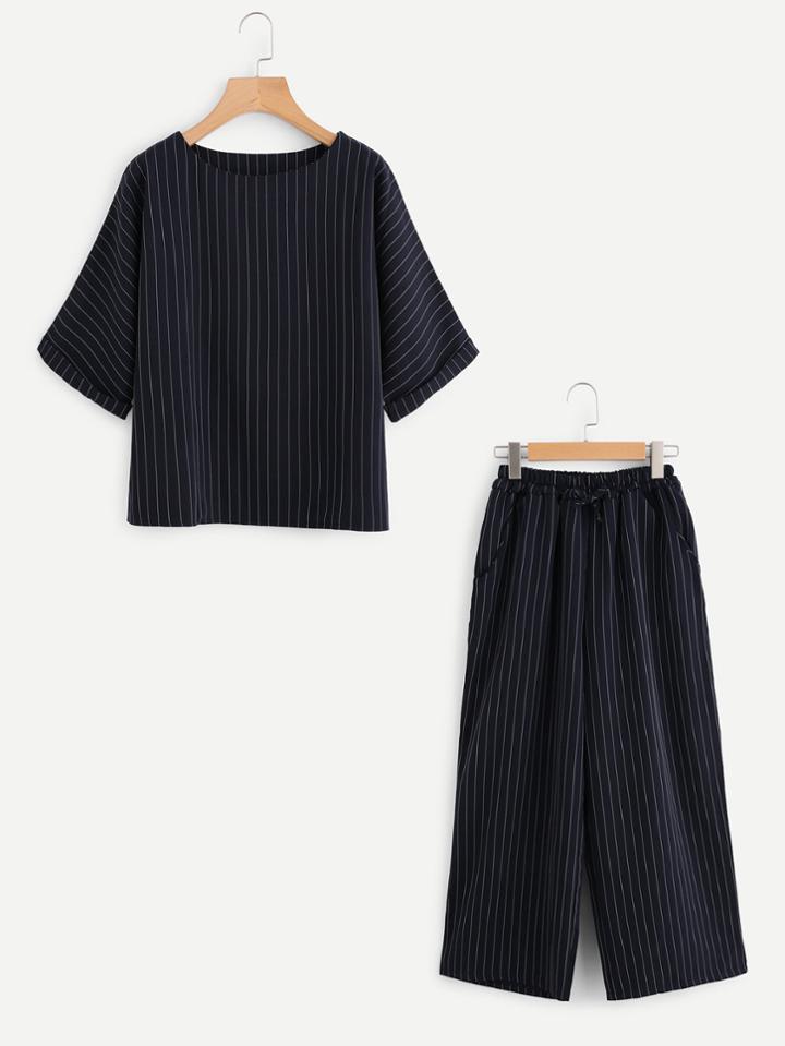 Romwe Pinstripe Cuffed Top With Wide Leg Pants