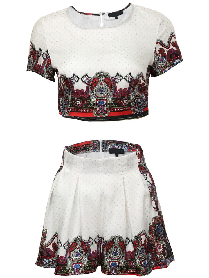 Romwe White Printed Crop Top With Shorts