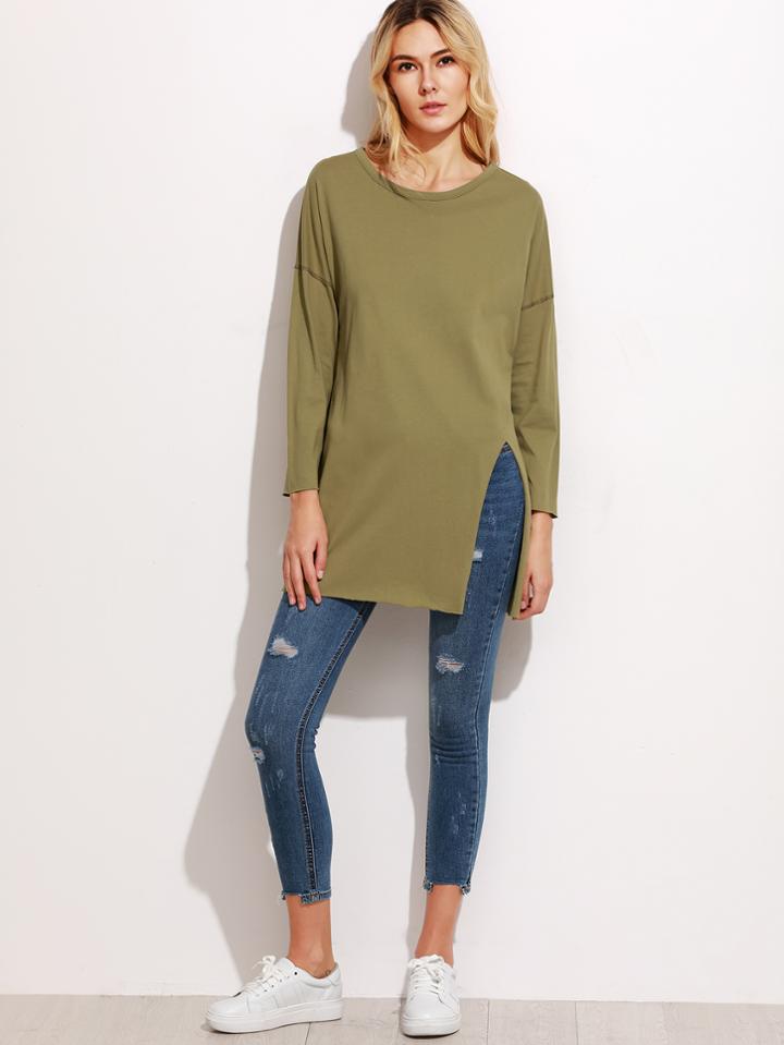 Romwe Army Green Dropped Shoulder Seam High Slit Side T-shirt