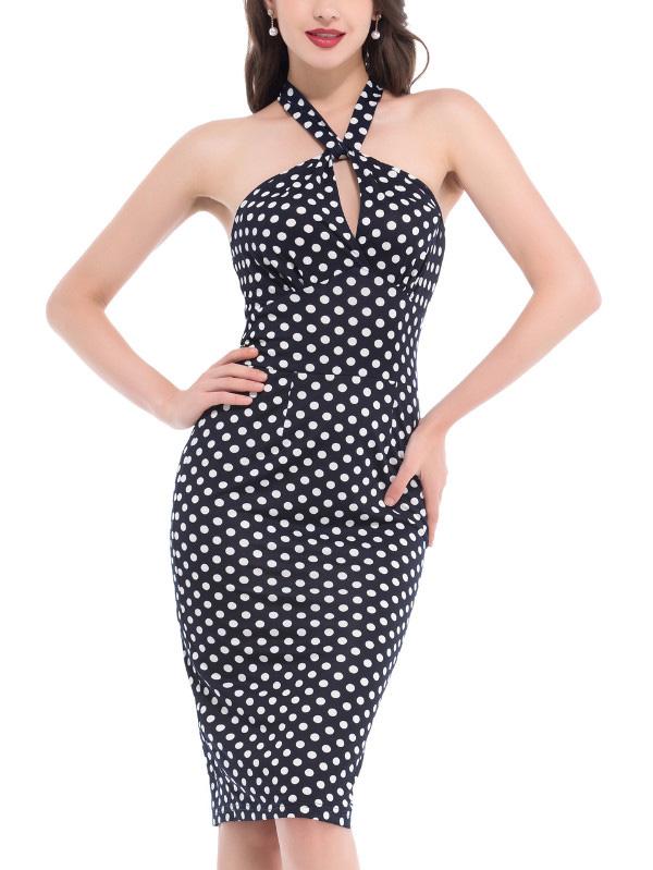 Romwe Cross Wrap Halter Neck Polka Print Sheath Dress