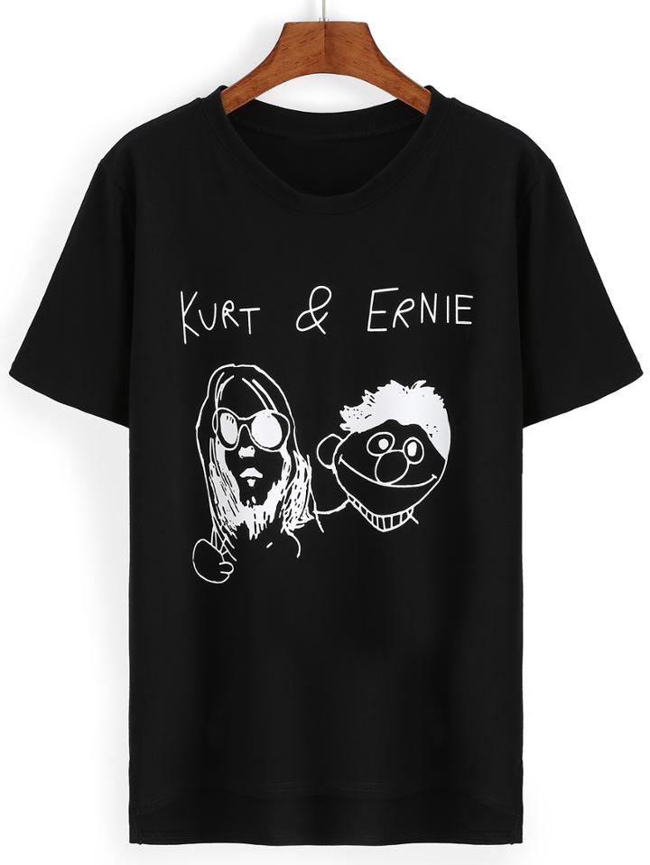 Romwe Dip Hem Cartoon Print Black T-shirt