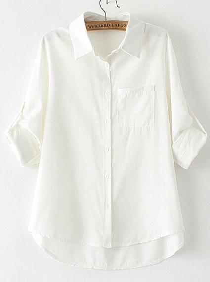 Romwe White Lapel Pocket Dip Hem Blouse