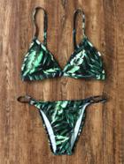Romwe Green Leaf Print Triangle Bikini Set