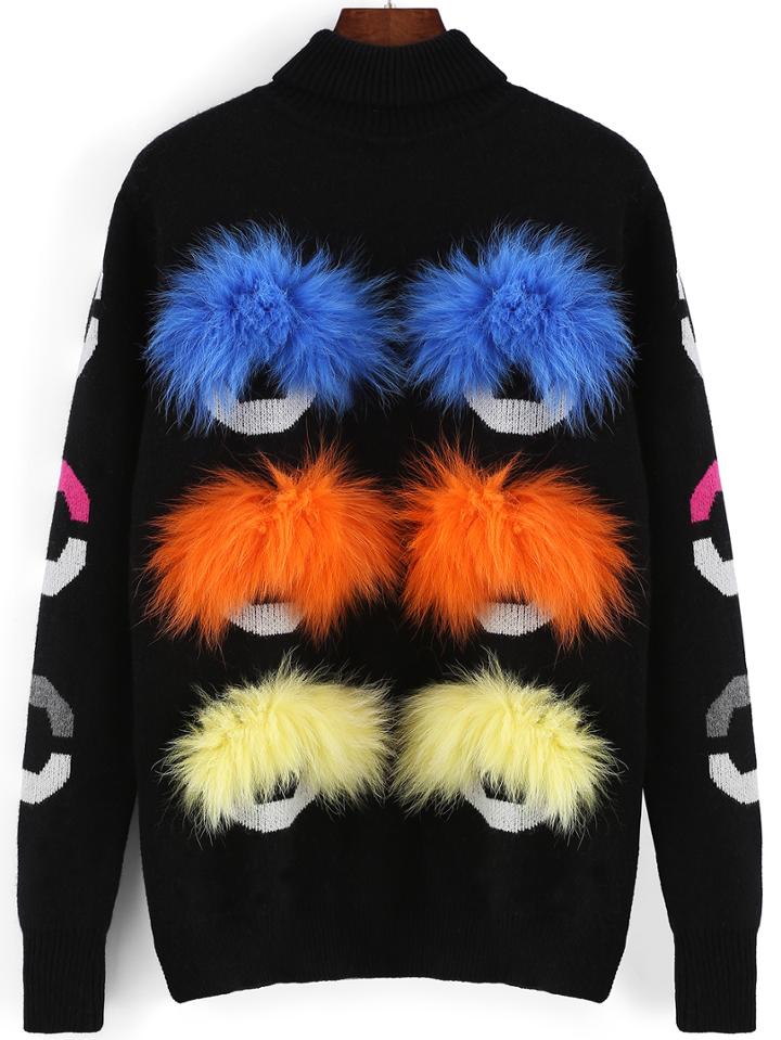 Romwe Black Turtleneck Fur Decorated Sweater