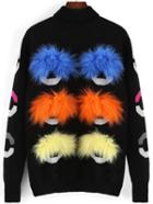 Romwe Black Turtleneck Fur Decorated Sweater