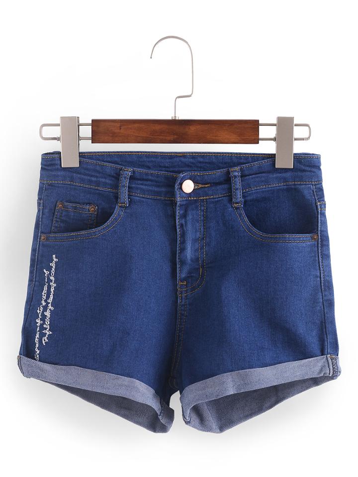Romwe Letter Embroidered Rolled Hem Denim Shorts