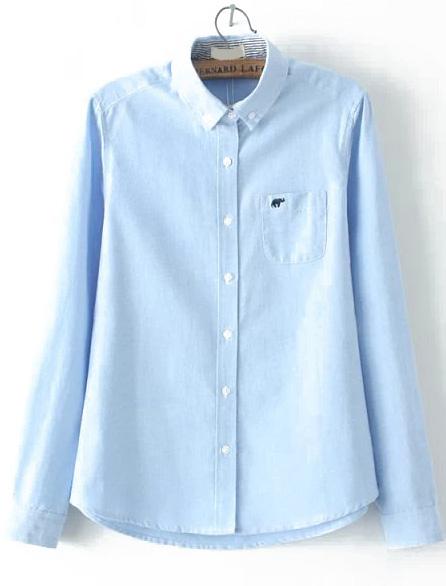 Romwe Lapel Elephant Embroidered Blue Blouse