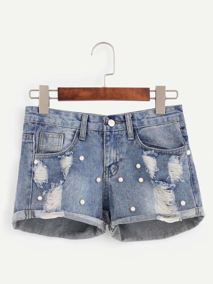 Romwe Blue Ripped Roll Hem Pearl Embellished Denim Shorts