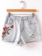 Romwe Flower Embroidery Ripped Denim Shorts