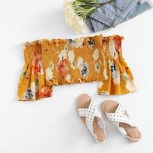 Romwe Off The Shoulder Frill Trim Floral Print Blouse