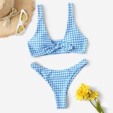 Romwe Gingham Knot Front Top With High Cut Bikini Set