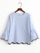 Romwe Blue Contrast Binding Bell Cuff Wave Trim Blouse