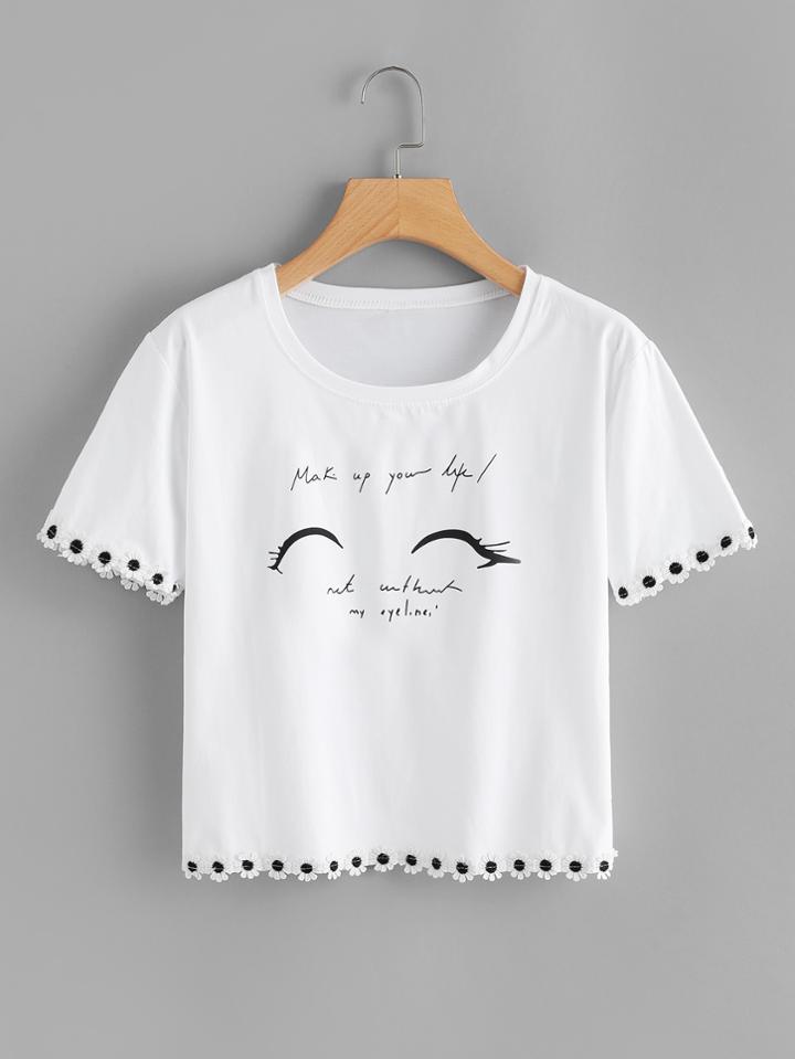 Romwe Floral Trim Slogan Print Tee