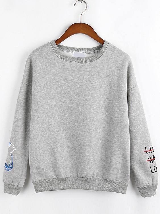 Romwe Women Letter Embroidered Grey Sweatshirt