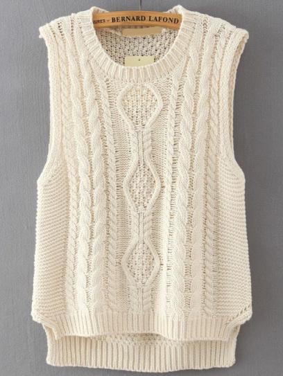 Romwe Cable Knit Dip Hem Beige Vest