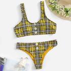 Romwe Plaid Button Front Scoop Neck Bikini Set