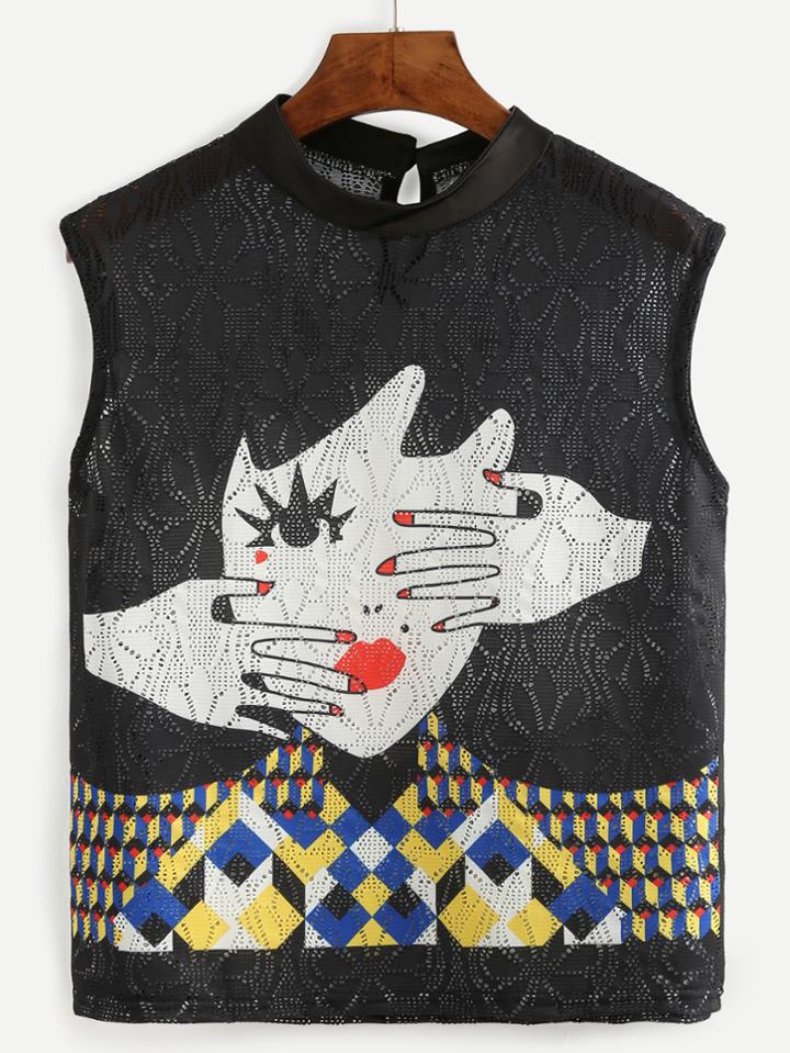 Romwe Black Portrait Print Mock Neck Hollow Out Top