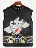 Romwe Black Portrait Print Mock Neck Hollow Out Top