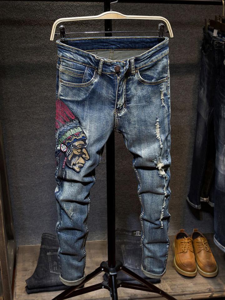 Romwe Men Graphic Embroidery Ripped Jeans