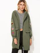 Romwe Army Green Print Back Drop Shoulder Patches Hooded Jacket