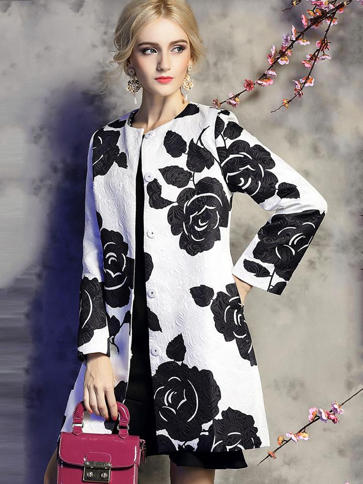 Romwe White Round Neck Length Sleeve Jacquard Coat