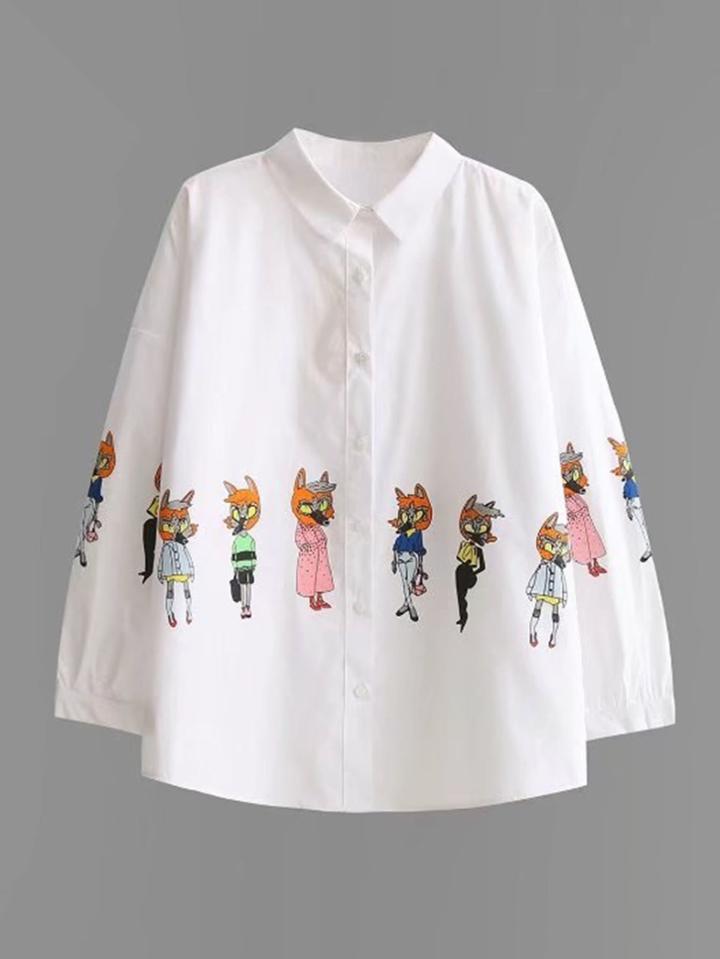 Romwe Fox Print Button Sleeve Blouse