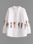 Romwe Fox Print Button Sleeve Blouse