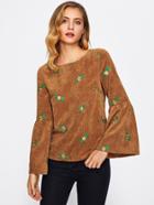 Romwe Botanical Embroidered Trumpet Sleeve Cord Top