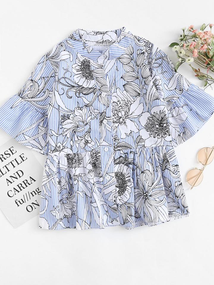 Romwe Floral Print Fluted Sleeve Shirt