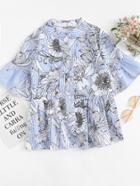 Romwe Floral Print Fluted Sleeve Shirt