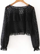 Romwe Black Round Neck Long Sleeve Ruffle Lace Blouse