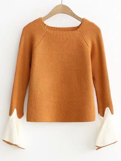 Romwe Yellow Contrast Cuff Bell Sleeve Knitwear