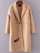 Romwe Khaki Bee Embroidery Single Button Coat With Pocket