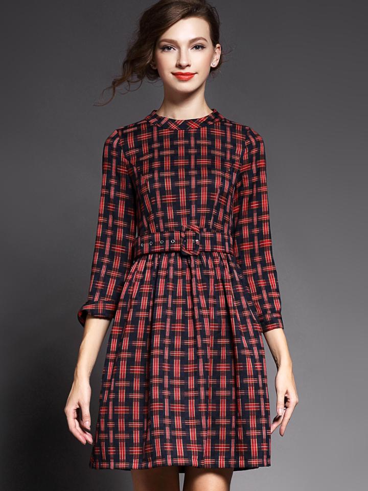 Romwe Red Round Neck Length Sleeve Drawstring Print Dress